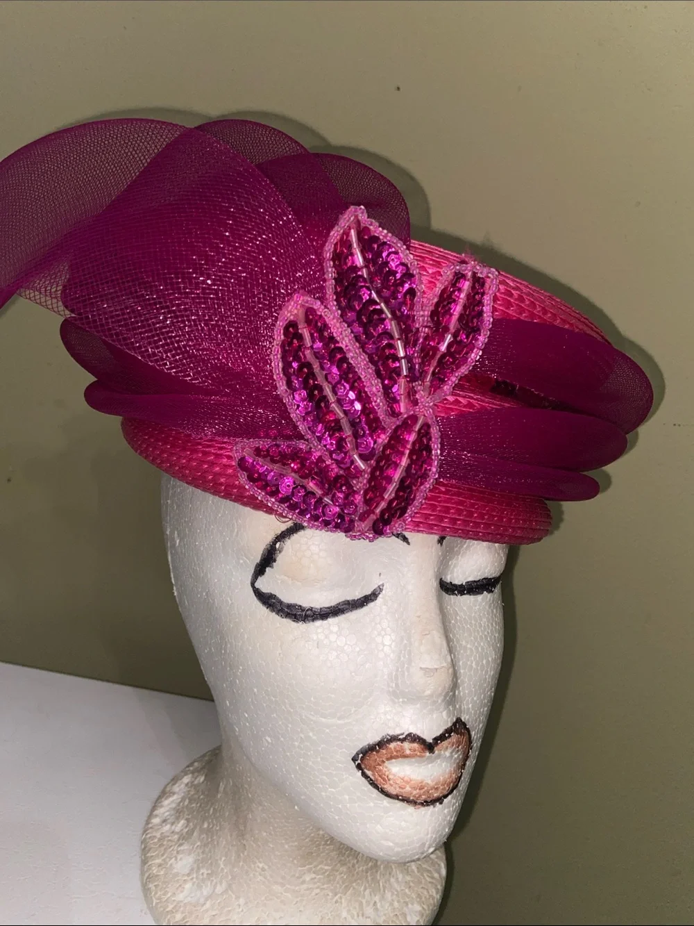 Raspberry Sequin Leaf Fascinator Hat